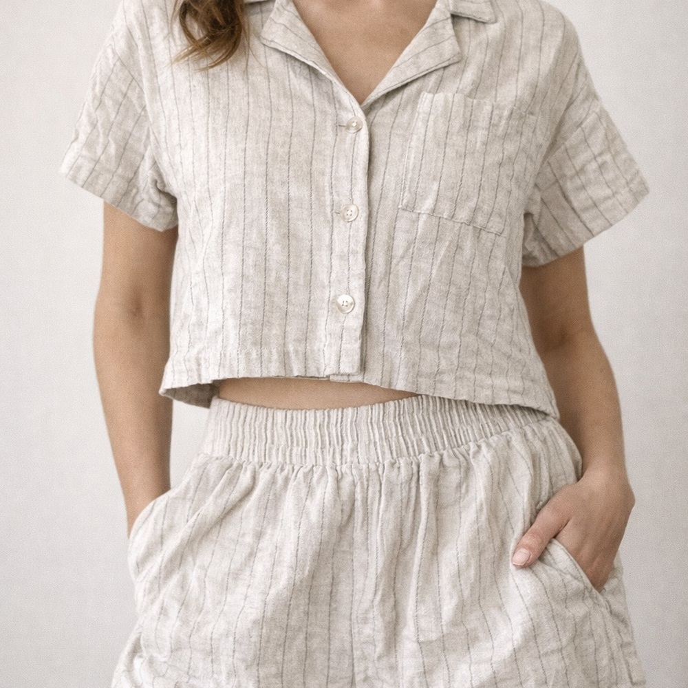 Oatmeal Striped Button Down Crop Top and Shorts Summer Set Casual Everyday Sm